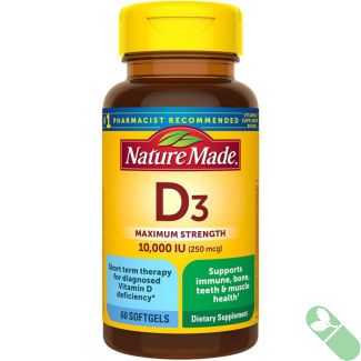 Nature Made Vitamin D3 Maximum Strength 10,000 IU label highlighting high potency vitamin D3 for adults.


