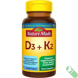 Nature Made Vitamin D3 + K2 30 Softgels label highlighting bone health and daily nutritional support.

