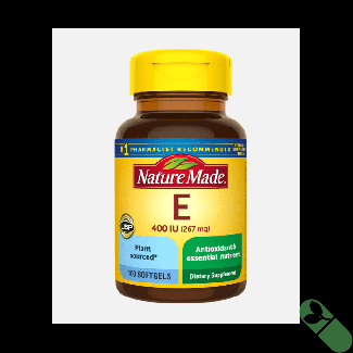 Nature Made Vitamin E 400 IU 267 mg d-Alpha 100 Softgels bottle with one softgel beside for serving example.

