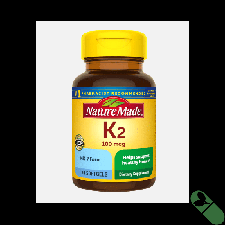 Top-down image of Nature Made Vitamin K2 100 mcg 30 Softgels bottle with open cap and softgels visible inside.

