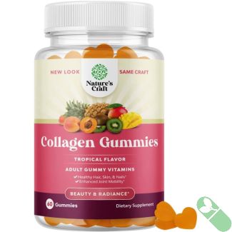 Nature's Craft Tropical Flavor Collagen Gummies packaging emphasizing gluten-free and non-GMO features