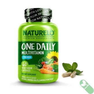 Naturelo green bottle labeled One Daily Multivitamin with whole food ingredients for men's health on a clean, white backdrop.