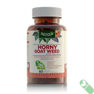 "Front view of Nature’s Wellness Horny Goat Weed packaging highlighting key ingredients"

