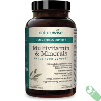NatureWise Men's Multivitamin Minerals Stress Support 60 Veggie Caps bottle and capsules arranged for product display emphasizing men’s health.

