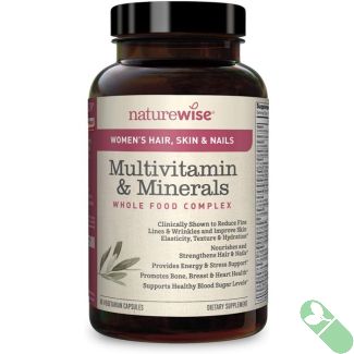 "NatureWise Women's Multivitamin Hair Skin Nails Support bottle with fresh botanical accents highlighting hair, skin, and nail support."

