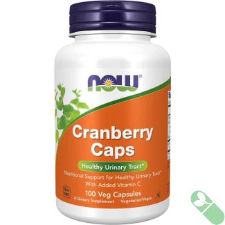 "Side view of NOW Cranberry 100 Veggie Caps bottle displaying capsule count"

