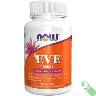 "NOW Eve Women's Multivitamin Tablets with Alpha Lipoic Acid – bottle and tablet display"

