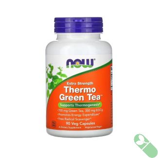 Close-up of NOW Extra Strength Thermo Green Tea vegetarian capsules showing smooth texture and size

