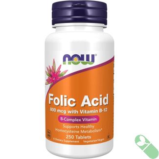 "Side view of NOW Folic Acid 800mcg with Vitamin B12 bottle showing tablet count"

