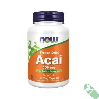 Packaging label of NOW Freeze Dried Super Fruit Acai displaying gluten-free and GMP certification badges

