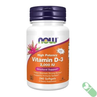 "Close-up of NOW High Potency Vitamin D-3 2000 IU softgels – high potency vitamin D supplement"

