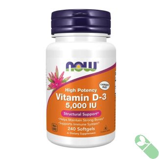 "Close-up of NOW High Potency Vitamin D-3 5000 IU softgels – high potency vitamin D supplement"

