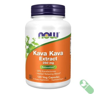 "Side label of NOW Kava Kava Extract 120 veggie capsules indicating vegan and non-GMO certifications"

