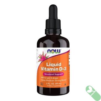"Close-up of NOW Liquid Vitamin D-3 2oz bottle showing clear liquid vitamin D for bone and immune health"

