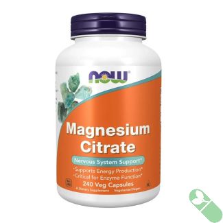 Close-up of NOW Magnesium Citrate veggie capsules showing translucent green capsules

