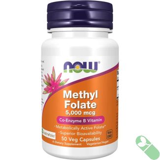 "Close-up of NOW Methyl Folate 5000mcg capsules – pure and potent folate source"

