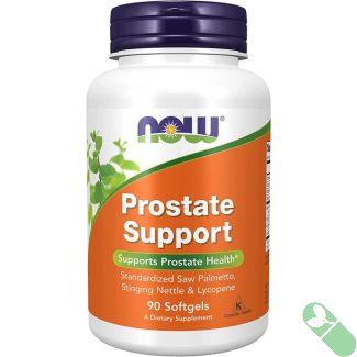NOW Prostate Health bottle with softgels spilled beside emphasizing natural prostate and urinary health formula

