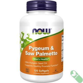 NOW Pygeum & Saw Palmetto bottle with softgels spilled beside emphasizing natural prostate support formula

