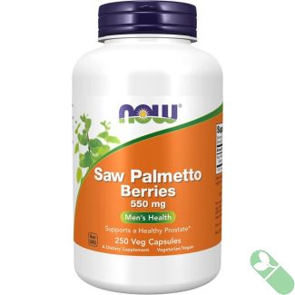 NOW Saw Palmetto bottle with veggie capsules spilled beside emphasizing natural prostate support formula

