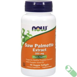 NOW Saw Palmetto & Pumpkin Seed Oil bottle with softgels spilled beside emphasizing natural prostate support formula

