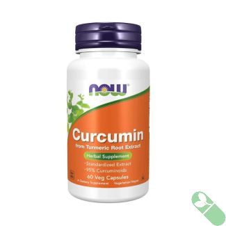 Two yellow turmeric capsules beside NOW Turmeric Curcumin bottle for anti-inflammatory support


