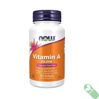 "Side view of NOW Vitamin A 25,000 IU Essential Nutrition 250 Softgels bottle"

