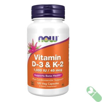 "Close-up of NOW Vitamin D-3 & K-2 1000 IU / 45 mcg capsules – pure and potent bone health support"

