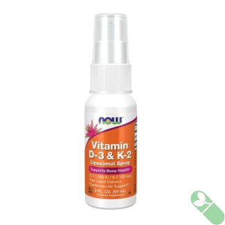 "Angled product shot of NOW Vitamin D-3 & K-2 Liposomal Spray showing bottle and label"

