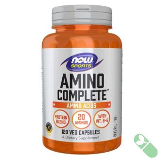 “120 veggie capsules of NOW Sports Amino Complete 20 Aminos Protein Blend in clear bottle with product label”

