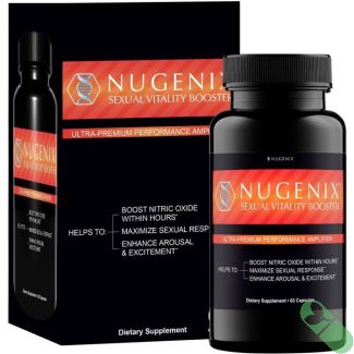 Capsules of Nugenix Sexual Vitality Booster displayed beside bottle showing size and color

