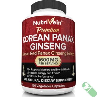 "Front view of Nutrivein Korean Red Panax Ginseng 1600mg bottle highlighting key features"

