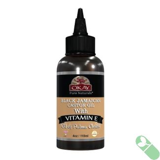 "Close-up of OKAY Black Jamaican Castor Oil label highlighting ingredients"

