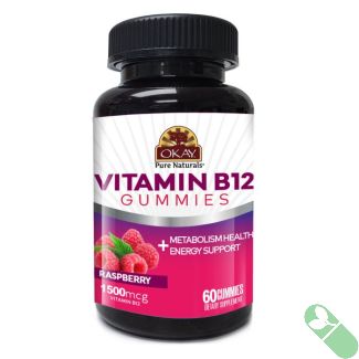 "OKAY Energy Support Gummies Vitamin B12 label showing supplement facts and nutrition"

