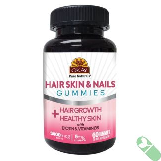 "OKAY Gummies Hair Skin Nails label showing supplement facts and ingredients panel"

