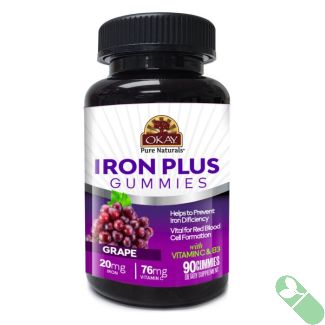 "OKAY Gummies Iron Plus label showing supplement facts and ingredients panel"

