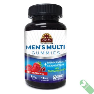 "OKAY Gummies Men's Multi label showing supplement facts and key ingredients panel"

