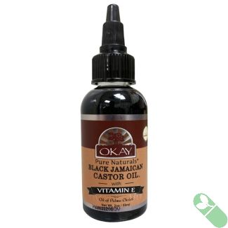 "OKAY Naturals Black Jamaican Castor Oil 2oz bottle with cap off showing oil texture"

