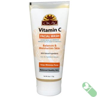 "OKAY Vitamin C Facial Wash 6oz tube with cap off showing product texture"

