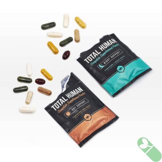 Onnit Total Human night pack capsules displayed next to packet

