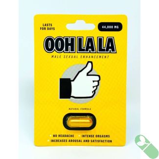 Close-up of Ooh La La pill showing golden capsule and intense orgasm benefits

