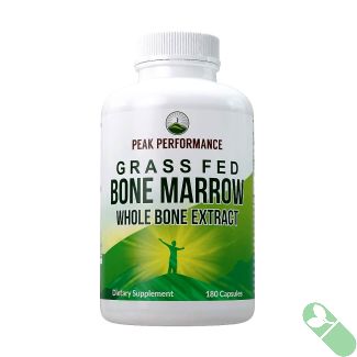 Peak Performance bottle containing 180 grassfed bone marrow extract capsules for peak health benefits and nutritional support.