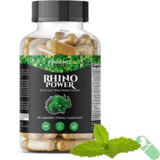 Phoenix Edge Rhino Power Horny Goat Weed Herbal Complex bottle with 60 capsules and energy support label

