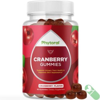 Side view of Phytoral Cranberry Gummies bottle with gummy pieces inside.


