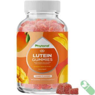 Phytoral Lutein Gummies displayed with fresh mango slices – natural flavor emphasis