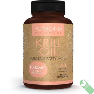 Softgel capsules of Pomona Wellness Krill Oil displayed near product bottle

