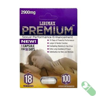 The packaging of Premium 2900mg male enhancement capsule promising 18 days of enhanced sexual performance.