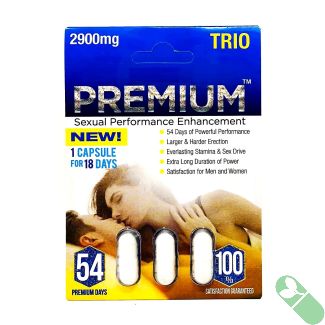 Front view of Premium Trio 2900mg packaging highlighting 18 days of sexual performance enhancement.
