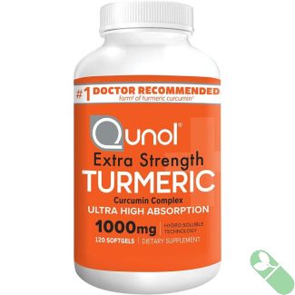 Lifestyle image of Qunol Turmeric Curcumin Complex bottle with turmeric roots for natural ingredient context

