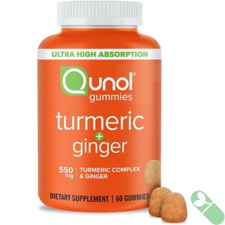Front label of Qunol Turmeric Curcumin Complex anti-inflammatory and joint support gummies bottle

