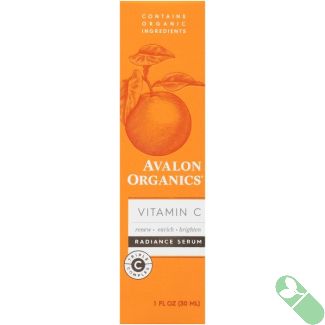 "Label close-up of Avalon Organics Radiance Serum Vitamin C listing botanical ingredients and certifications"


